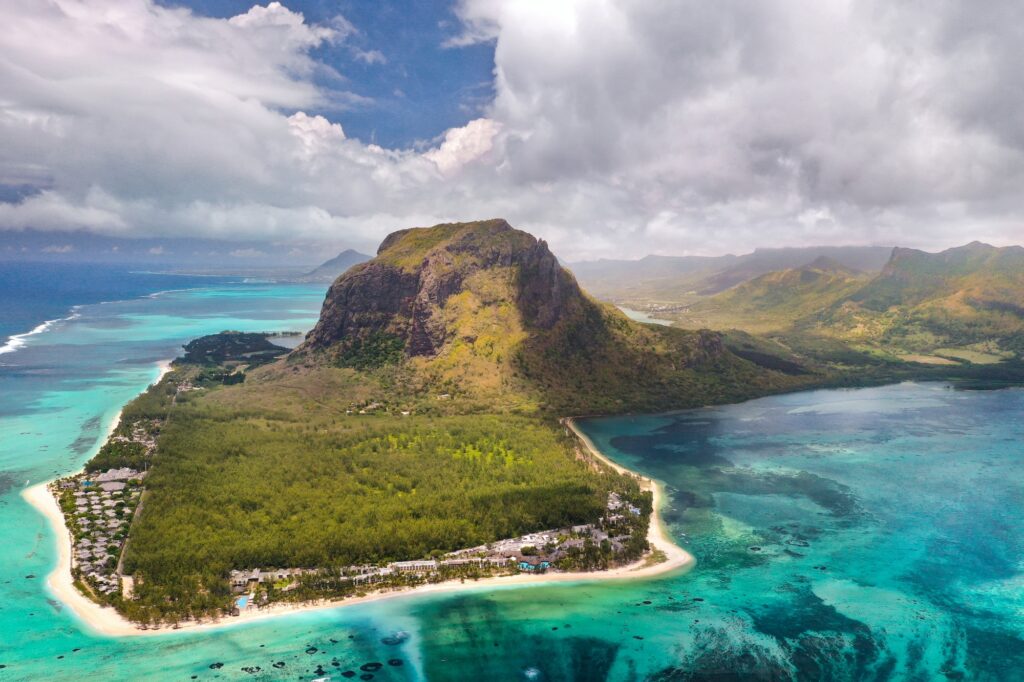 View from the height of the island of Mauritius in the Indian Ocean and the beach of Le Morne