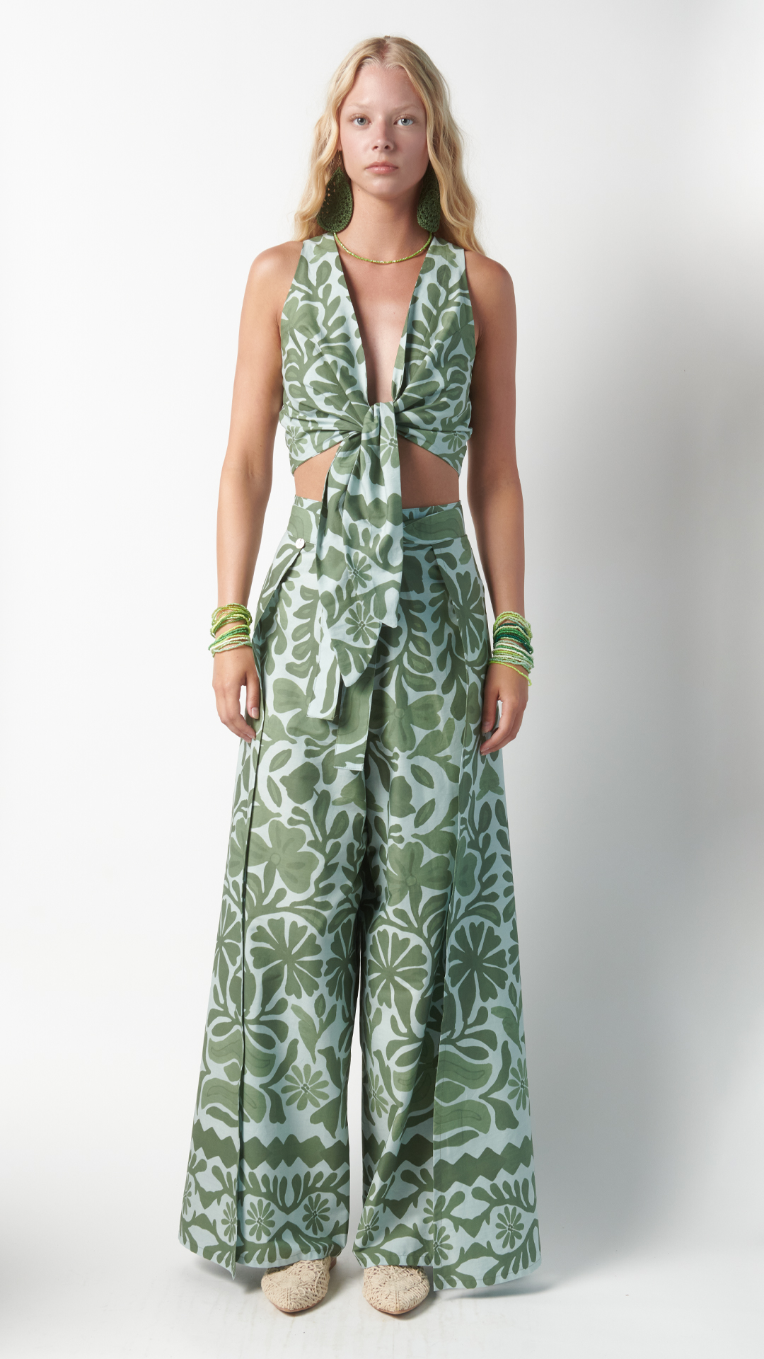 Top crop annodato - Fantasia natura verde/azzurro